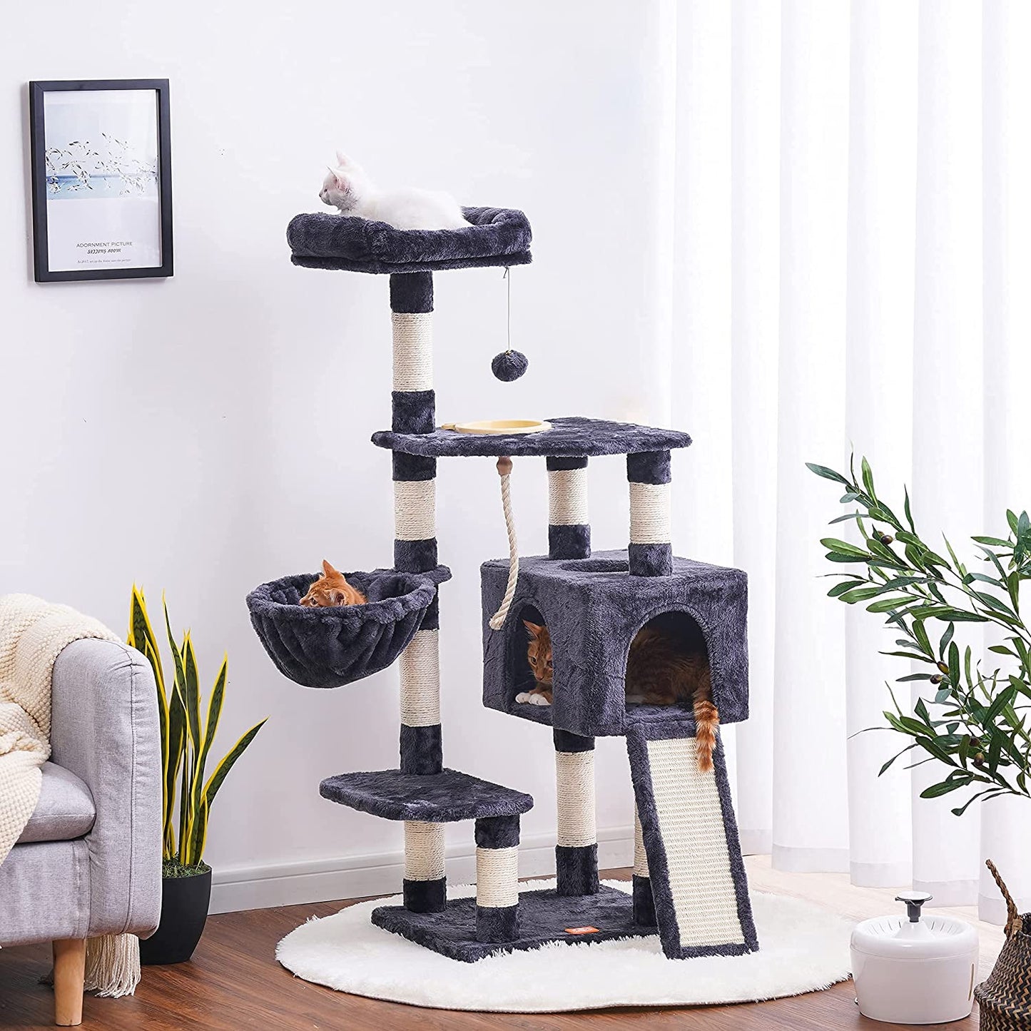 Cat Tree, Cat Tower for Indoor Cats with Scratching Board, Multi-Level Cat Furniture Condo with Feeding Bowl Smoky Gray HCT010G