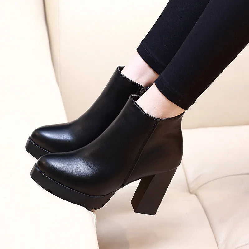 Fashion Casual Zipper Pointed Toe Soft Leather Women Shoes Square High