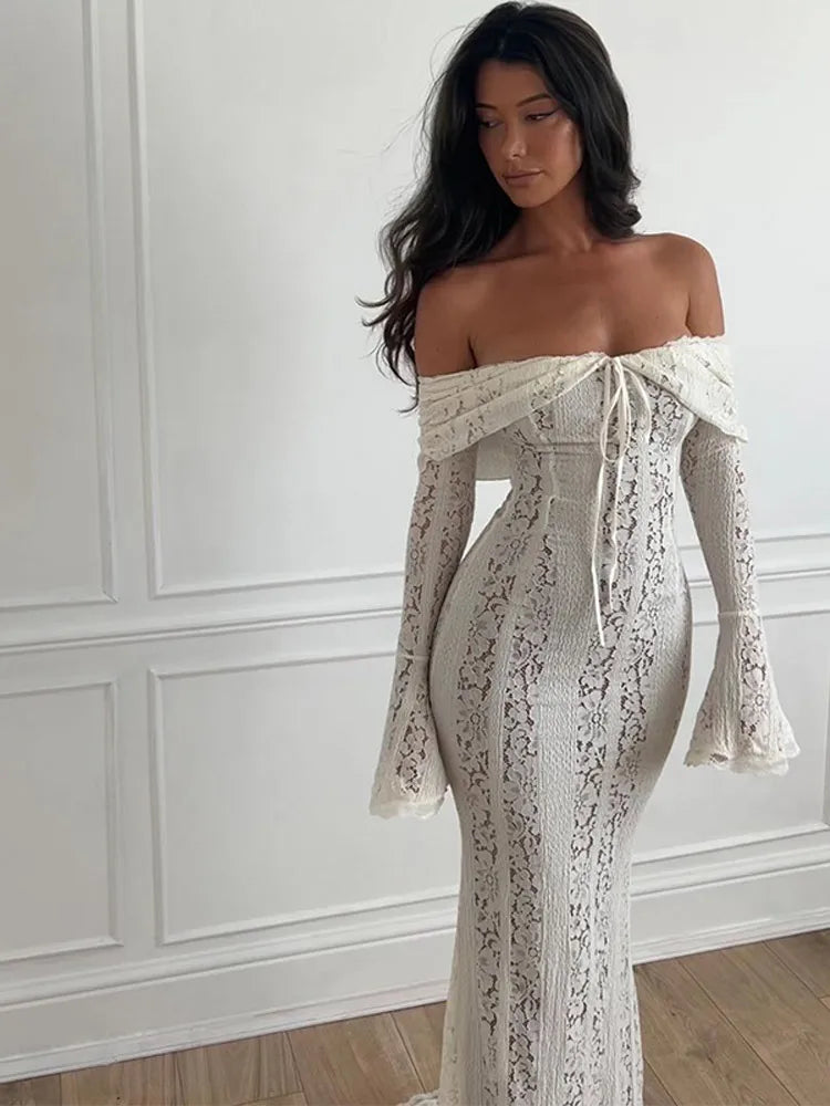 White Off Shoulder Lace Up Flare Long Sleeve Slim Maxi Dress Women