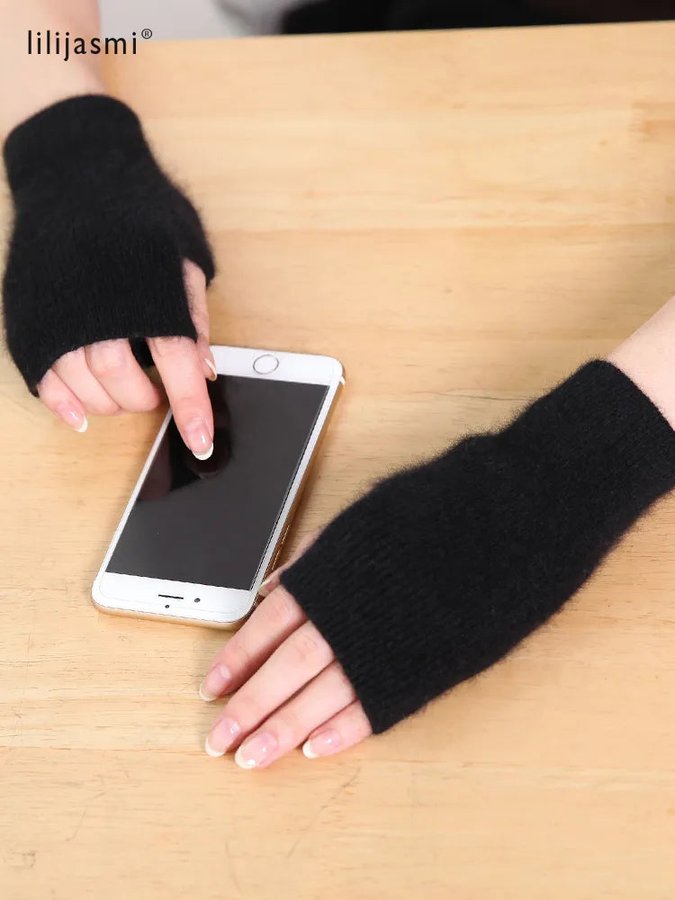 Mink Cashmere Autumn Winter Women Gloves Fingerless Warm Racoon Wool