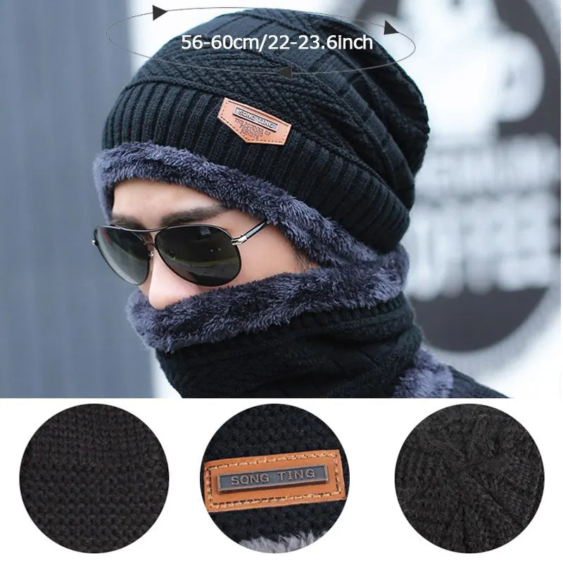 Winter Fleece Scarf Hats Thicken Plush Warm Beanies Wool Knit Caps Men