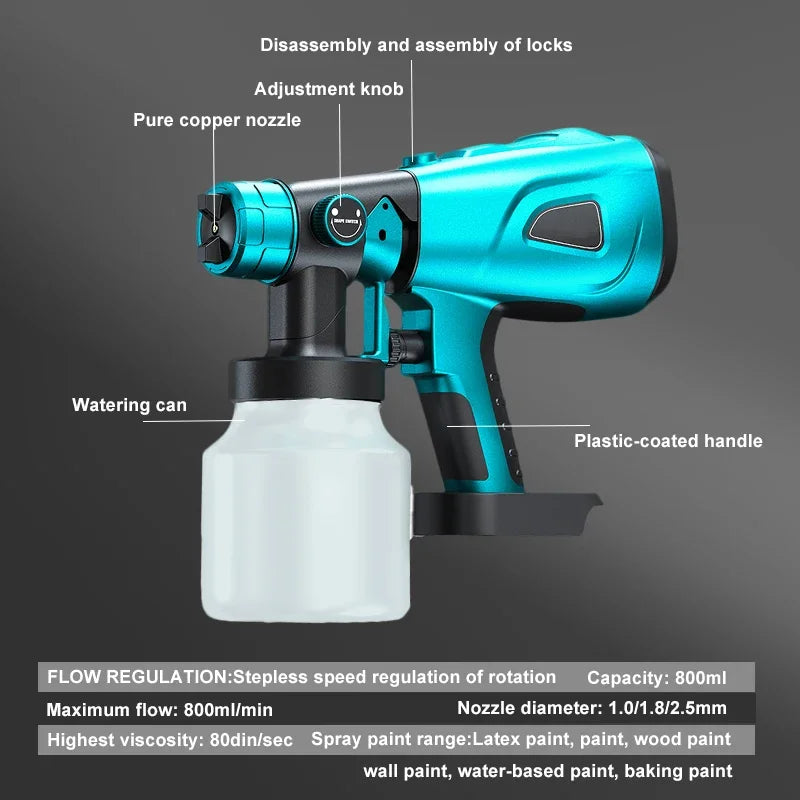 800ML Cordless Paint Sprayer HVLP Electric Spray Gun Flow Control Auto