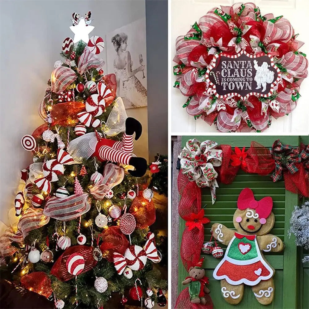 DIY Net Yarn Red & White Mesh Roll Christmas Wreath Tree Stripes Candy