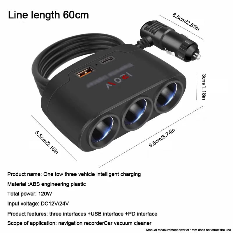 Car Charging Adapter One Tow Three Conversion Head with USB+PD