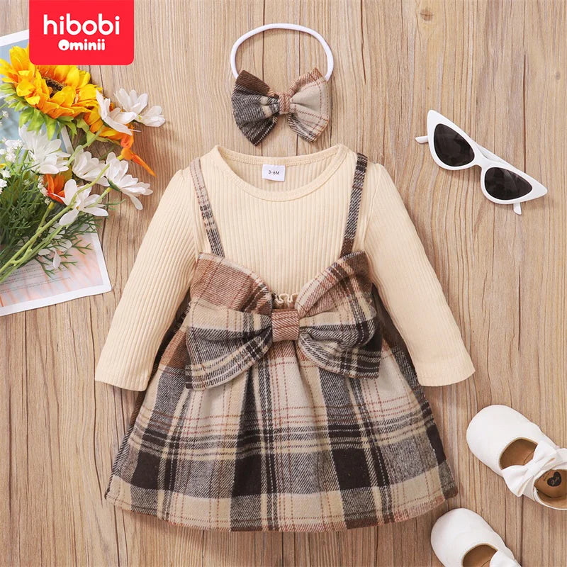 hibobi Autumn 2-Piece Set Baby Girl Plaid Print Bow Decor Color-Block