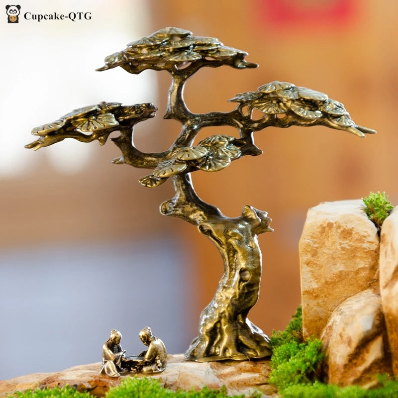 1pc Small Bonsai Tree Statues Copper Alloy Mini Welcome Pine Miniature