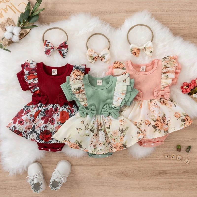 Summer Baby Girl Dress With Bowknot Striped Jumpsuit Cotton Dress For