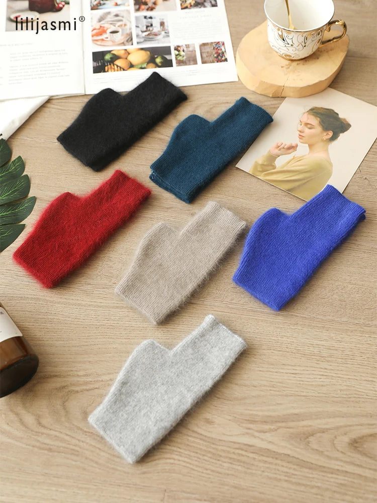 Mink Cashmere Autumn Winter Women Gloves Fingerless Warm Racoon Wool