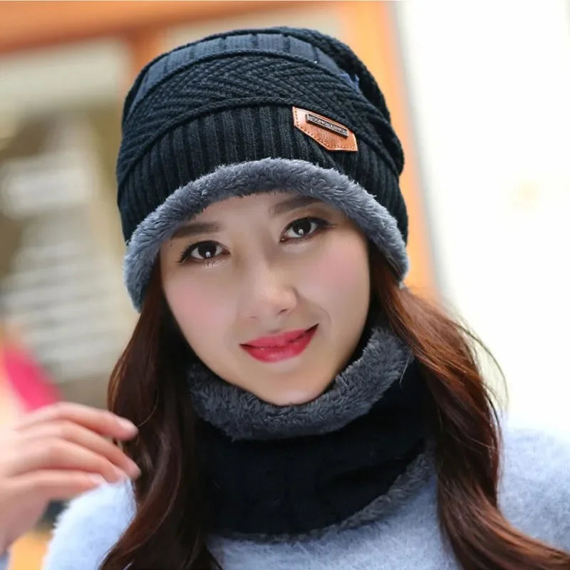 Winter Fleece Scarf Hats Thicken Plush Warm Beanies Wool Knit Caps Men