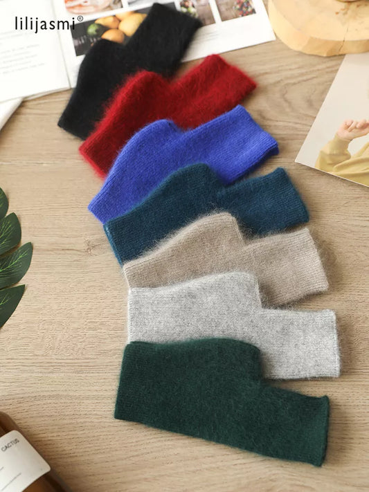 Mink Cashmere Autumn Winter Women Gloves Fingerless Warm Racoon Wool