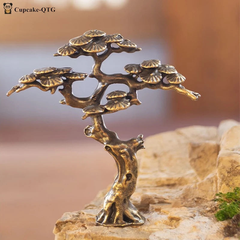 1pc Small Bonsai Tree Statues Copper Alloy Mini Welcome Pine Miniature