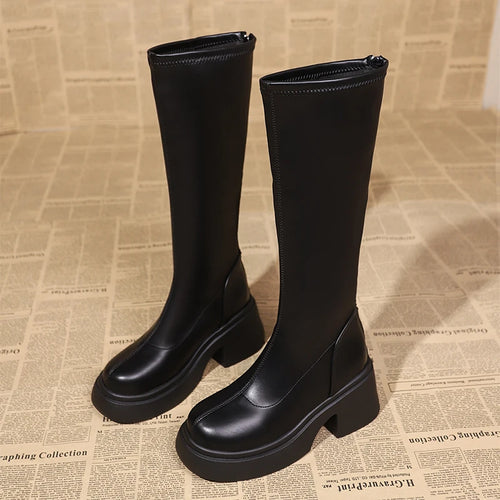 Women Platform Ankle Motorcycle Boots Mid Heels Designer Shoes Winter