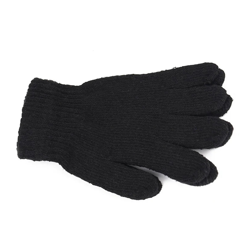 1Pair Black All-Finger Gloves For Women And Men Wool Knit Wrist Cotton