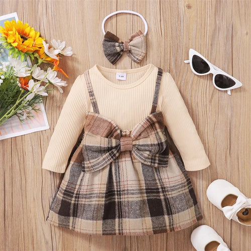 hibobi Autumn 2-Piece Set Baby Girl Plaid Print Bow Decor Color-Block