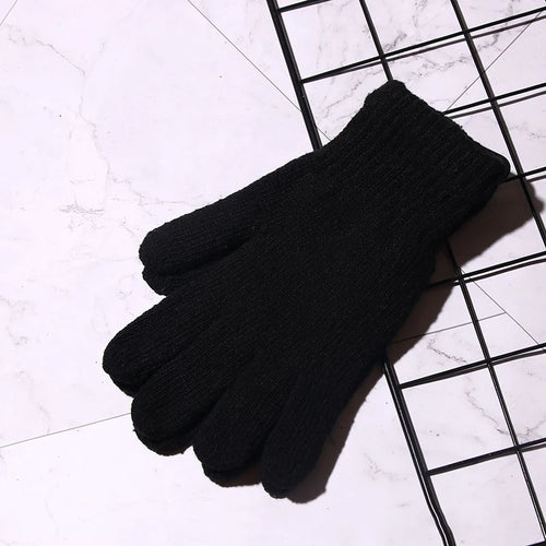 1Pair Black All-Finger Gloves For Women And Men Wool Knit Wrist Cotton