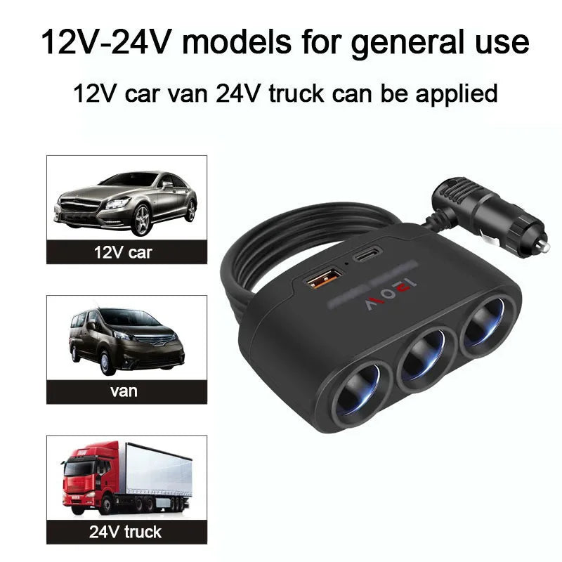 Car Charging Adapter One Tow Three Conversion Head with USB+PD