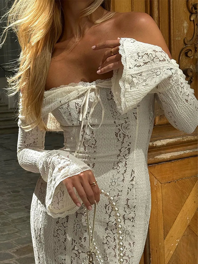 White Off Shoulder Lace Up Flare Long Sleeve Slim Maxi Dress Women