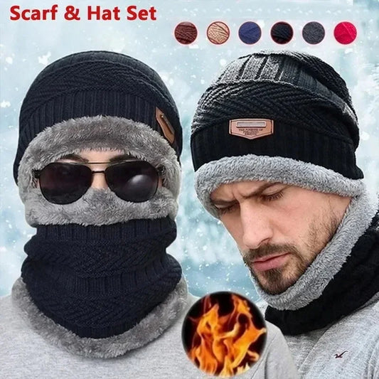 Winter Fleece Scarf Hats Thicken Plush Warm Beanies Wool Knit Caps Men