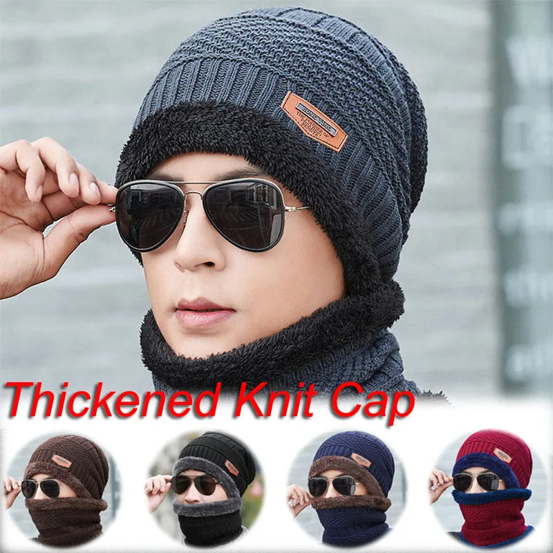 Winter Fleece Scarf Hats Thicken Plush Warm Beanies Wool Knit Caps Men