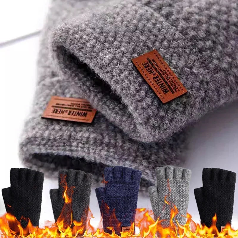 Winter Fingerless Gloves for Men Half Finger Writting Office Knitted