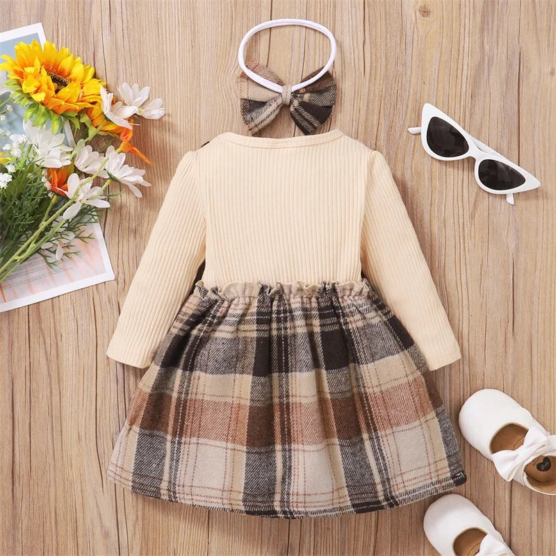 hibobi Autumn 2-Piece Set Baby Girl Plaid Print Bow Decor Color-Block