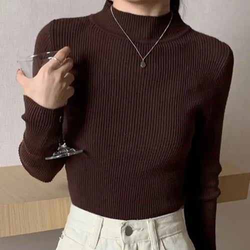 Autumn Winter Mock Neck Women Sweater Vintage Basic Solid Knitted Tops