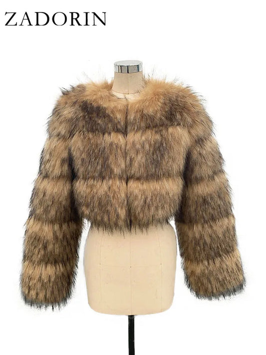 ZADORIN High Quality Cropped Faux Raccoon Fur Coat Women Winter