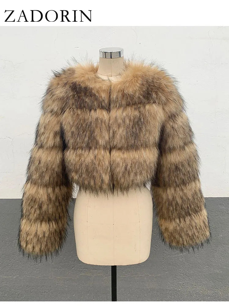 ZADORIN High Quality Cropped Faux Raccoon Fur Coat Women Winter