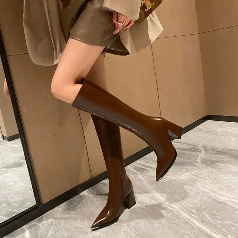 Pointed Toe Women High Boots Fashion Side Zippers Long Booties Ladies