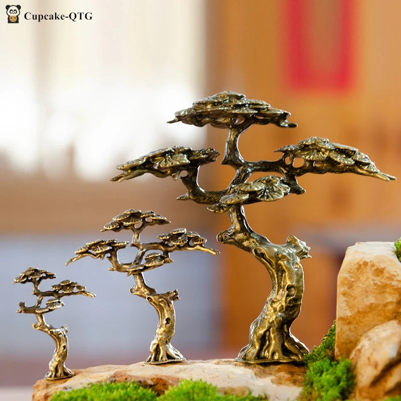 1pc Small Bonsai Tree Statues Copper Alloy Mini Welcome Pine Miniature