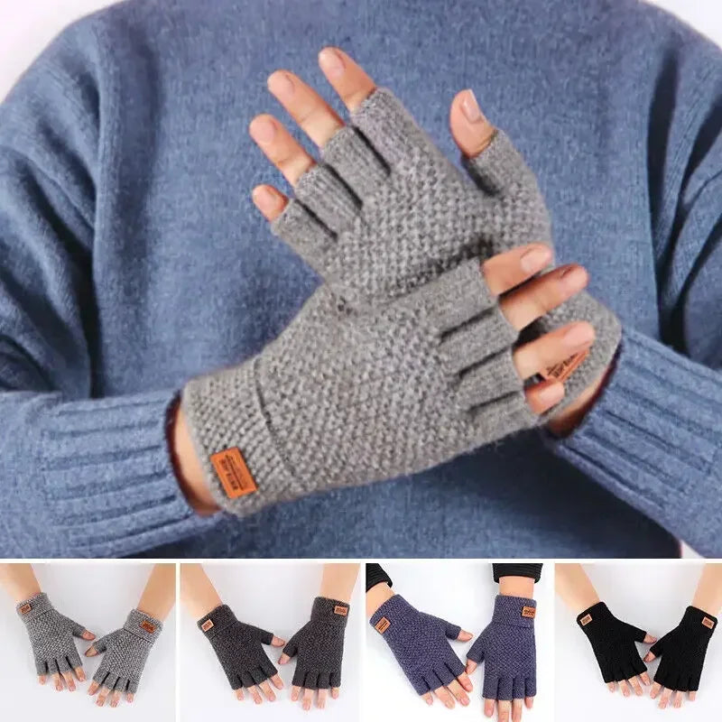 Winter Fingerless Gloves for Men Half Finger Writting Office Knitted