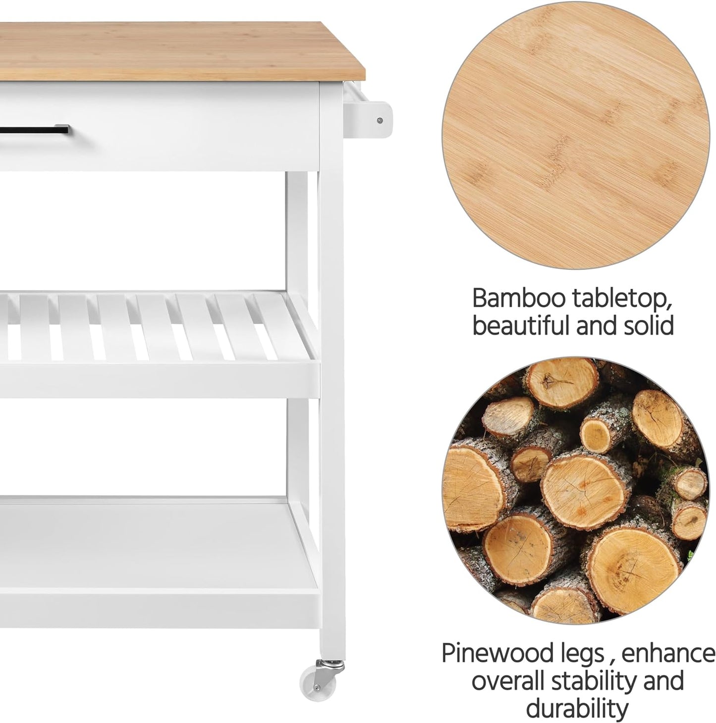 40" Width Kitchen Island Cart on Wheels, 3 Tiers Rolling Utility Cart with Solid Wood Top and Drawer & 2 Spacious Storage Shelf, Serving Trolley for Dining Room, White