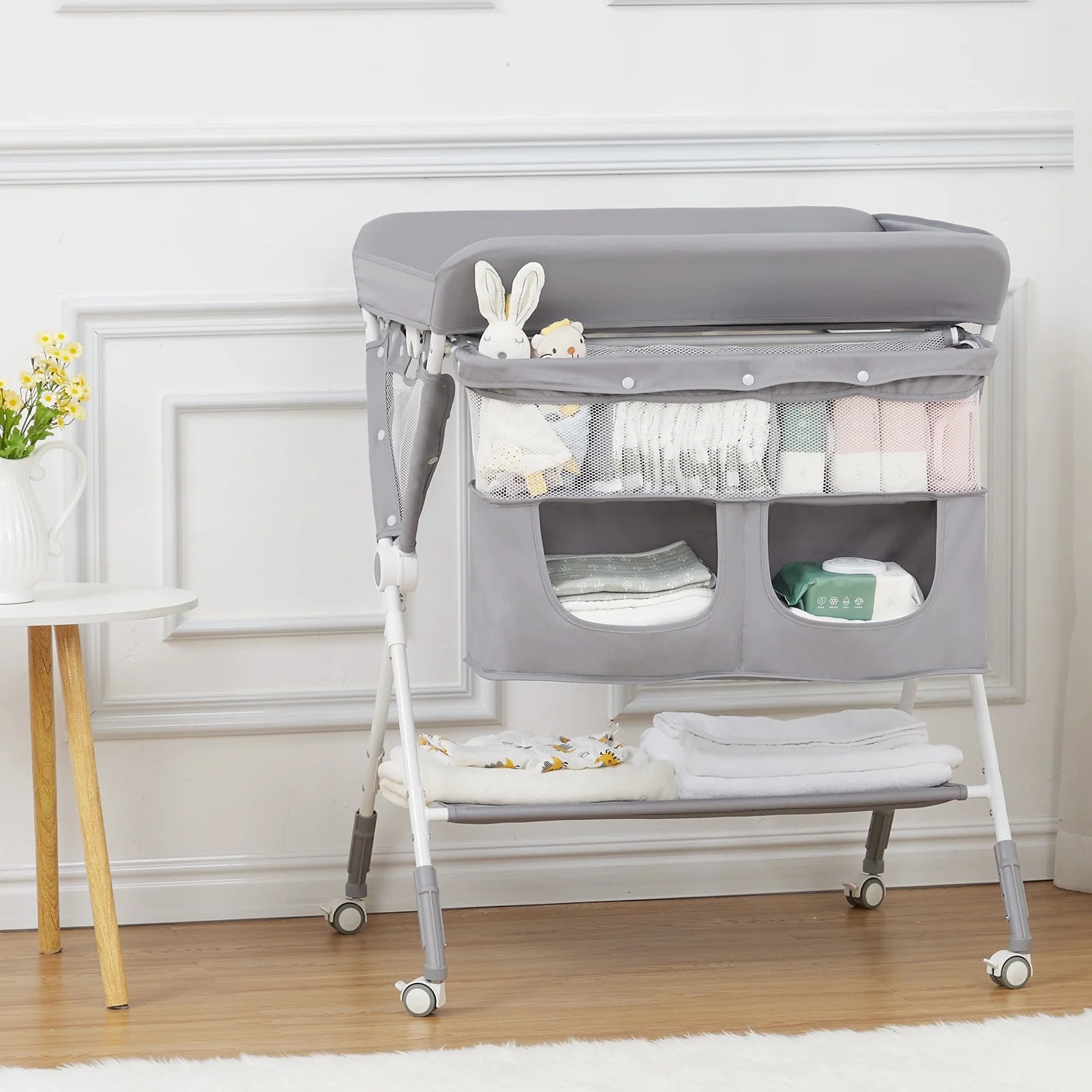 Portable Baby Changing Table with Wheels,Adjustable Height ,Foldable Diaper Change Table with Cleaning Bucket , Nursery Organizer & 2 Tier Storage Rack, Infant Newborn Mobile Nursery Organizer