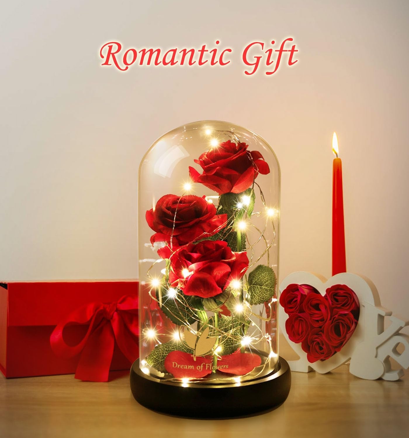 Valentines Day Gifts for Her,Beauty and the Beast Rose in Glass Dome,Anniversary Rose Gifts for Wife,Valentines Flowers Birthday Gifts for Women,Romantic Red Silk Rose Flower Gifts for Women