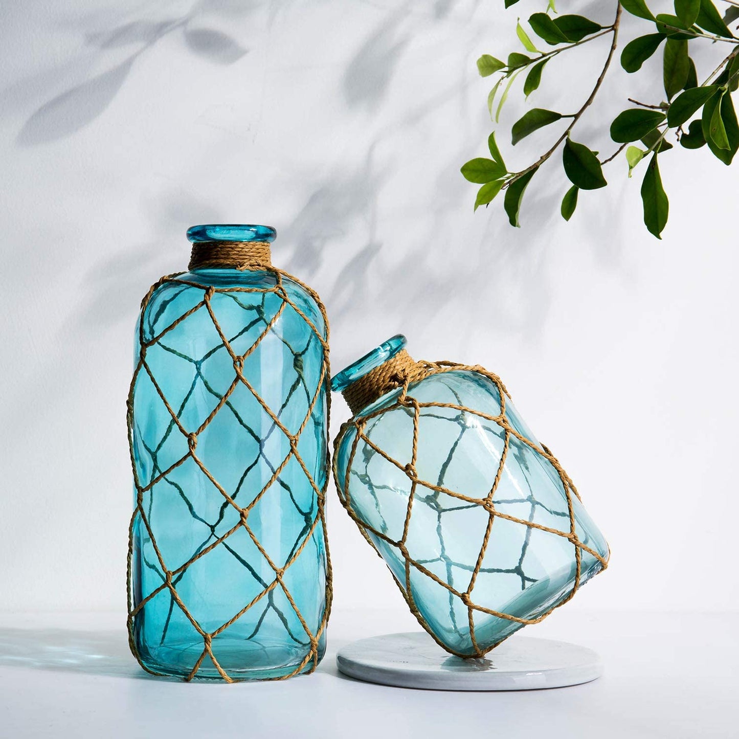 Rustic Glass Bottle Vase Decorative Blue Flower Vase with Creative Rope Net (Small)